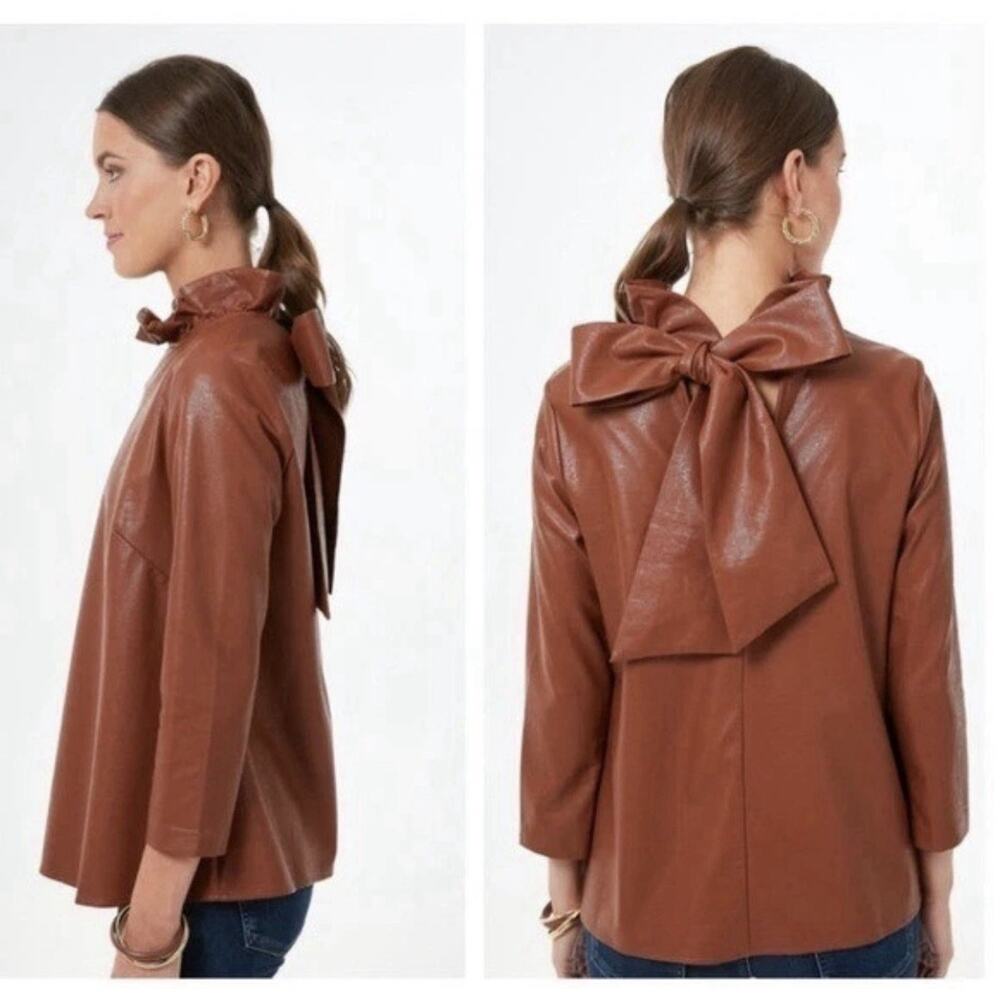 Tuckernuck Top Womens Small Brown Faye Faux Leather Blouse Ruffle Minimal Luxury - Picture 7 of 7